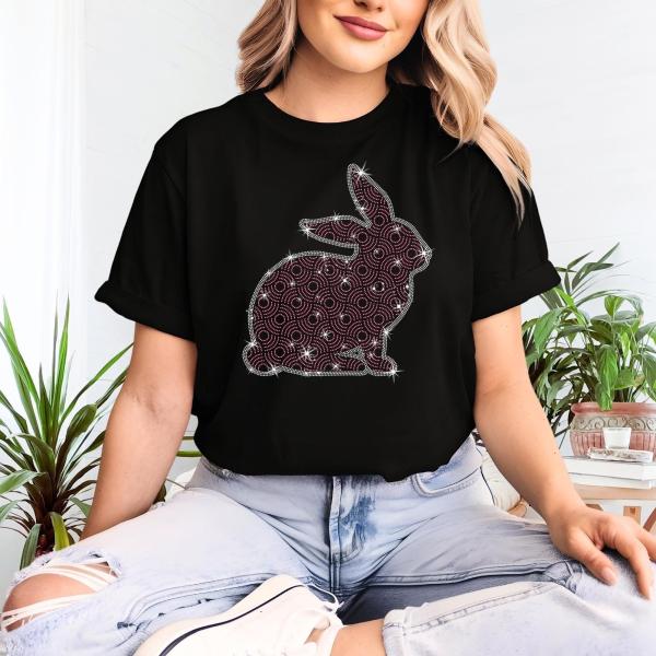 Pink Rabbit Art Rhinestone T-Shirt, Cute Rabbit Shirt, Christmas Rabbit Gift Shirt, Rabbit Lover Shirt, Christmas Cute Animal Gift Shirt