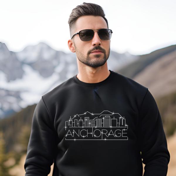 Anchorage Rhinestone T-Shirt, Sparkling City Skyline Tee, Women Casual Top, Glitter Alaska Pride Shirt, Travel Gift, Cityscape Design Outfit