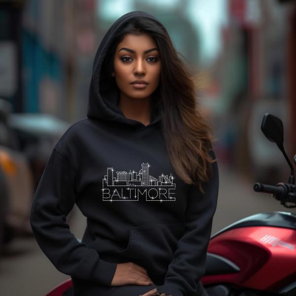 Baltimore Rhinestone T-Shirt, Sparkling City Skyline Tee, Women Casual Top, Maryland Pride Shirt, Travel Gift, Cityscape Design Outfit