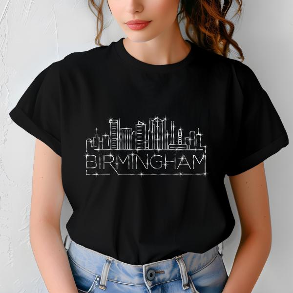 Birmingham Rhinestone T-Shirt, Sparkling City Skyline Tee, Women Casual Top, Alabama Pride Shirt, Travel Gift, Cityscape Design Outfit