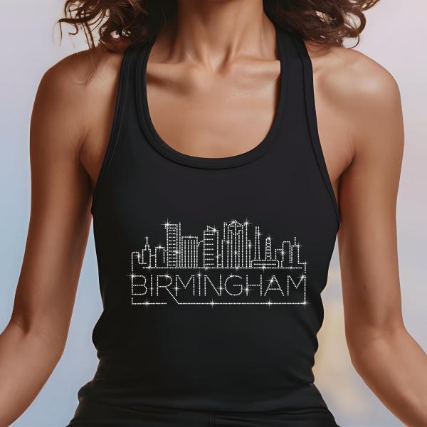 Birmingham Rhinestone T-Shirt, Sparkling City Skyline Tee, Women Casual Top, Alabama Pride Shirt, Travel Gift, Cityscape Design Outfit