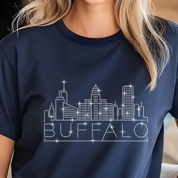Buffalo Rhinestone T-Shirt, Sparkling City Skyline Tee, Women’s Casual Top, Glitter Buffalo Design, New York Pride Shirt, Unique Travel Gift