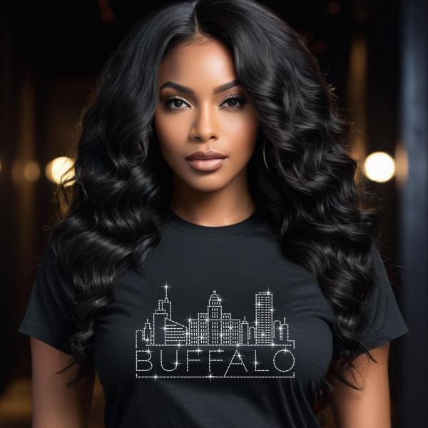 Buffalo Rhinestone T-Shirt, Sparkling City Skyline Tee, Women’s Casual Top, Glitter Buffalo Design, New York Pride Shirt, Unique Travel Gift