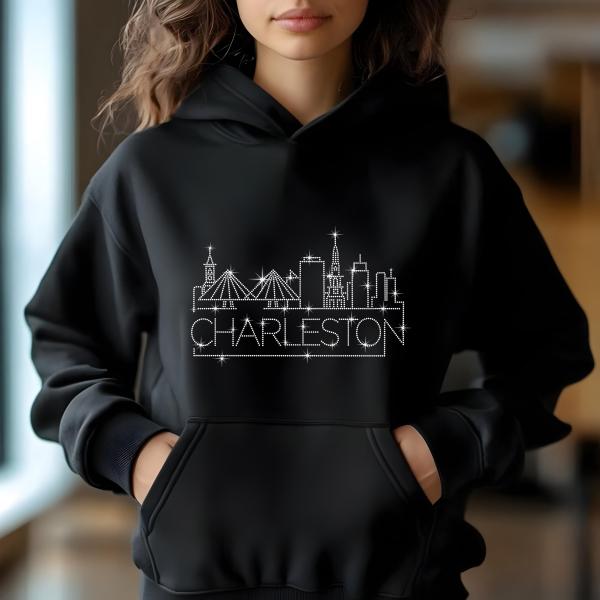 Charleston Rhinestone T-Shirt, Sparkling City Skyline Tee, Women’s Casual Top, Glitter Charleston Design, South Carolina Pride Shirt