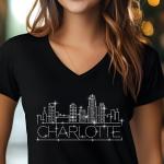 Charlotte Rhinestone T-Shirt, Sparkling City Skyline Tee, Women’s Casual Top, Glitter Charleston Design, North Carolina Pride Shirt