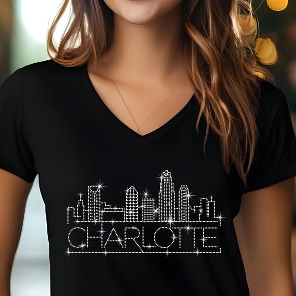 Charlotte Rhinestone T-Shirt, Sparkling City Skyline Tee, Women’s Casual Top, Glitter Charleston Design, North Carolina Pride Shirt