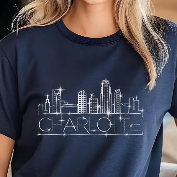 Charlotte Rhinestone T-Shirt, Sparkling City Skyline Tee, Women’s Casual Top, Glitter Charleston Design, North Carolina Pride Shirt