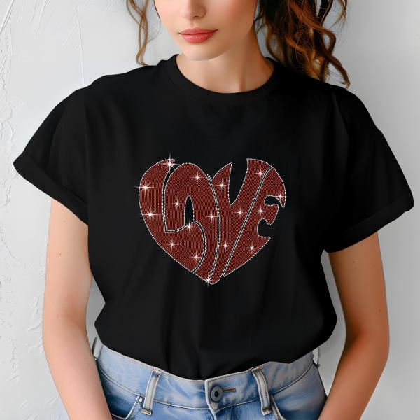 Love Heart Rhinestone T-Shirt, Sparkling Valentine’s Day Tee, Women’s Glitter Love Shirt, Romantic T-shirt, Unique Gift Idea, Gift for Her