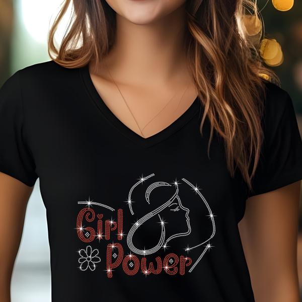 Girl Power Rhinestone T-Shirt, Women’s Day Sparkling Tee, Feminist Empowerment Shirt, Gift for Her, Stylish Women’s Rights T-Shirt, Mom Gift