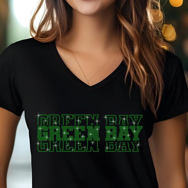 Green Bay Rhinestone Football Shirt, Shine Bright and Show Your Team with This Stylish, High-Quality Design, Perfect for Game Days&Tailgates