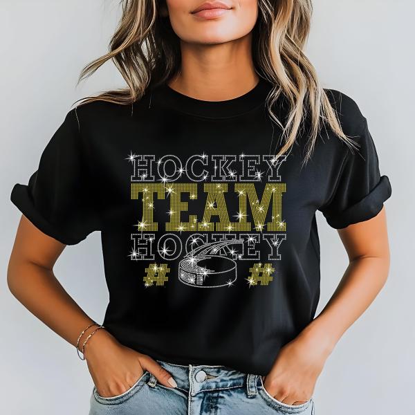 Personalized Hockey Team Name Rhinestone Shirt, Custom Sports Tee, Hockey Mom, Custom Spirit Wear, Custom Hockey Shirt, Hockey Team Shirt