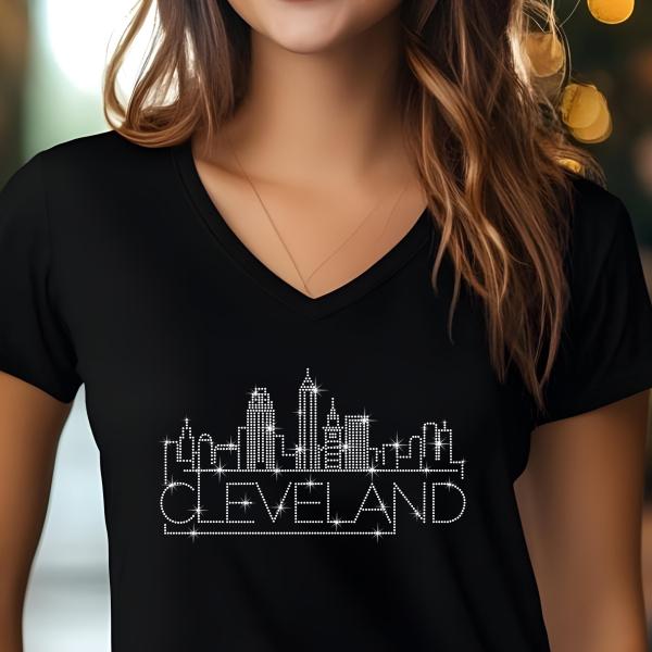 Cleveland Rhinestone T-Shirt, Sparkling City Skyline Tee, Women’s Casual Top, Glitter Ohio Design, Ohio Pride Shirt, Gift for Her