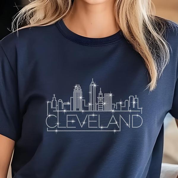 Cleveland Rhinestone T-Shirt, Sparkling City Skyline Tee, Women’s Casual Top, Glitter Ohio Design, Ohio Pride Shirt, Gift for Her