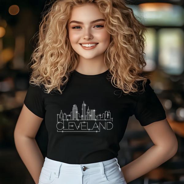 Cleveland Rhinestone T-Shirt, Sparkling City Skyline Tee, Women’s Casual Top, Glitter Ohio Design, Ohio Pride Shirt, Gift for Her