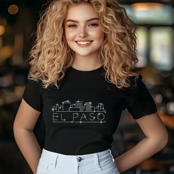 El Paso Rhinestone T-Shirt, Sparkling City Skyline Tee, Women’s Casual Top, Glitter Texas Design, Colorado Gift for Her