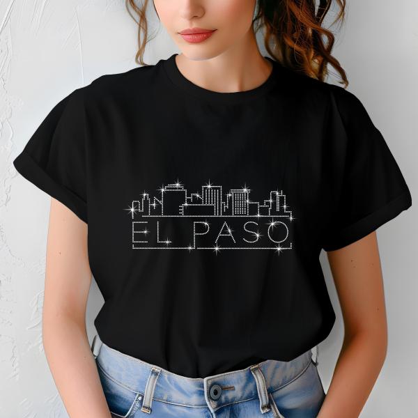 El Paso Rhinestone T-Shirt, Sparkling City Skyline Tee, Women’s Casual Top, Glitter Texas Design, Colorado Gift for Her