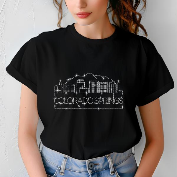 Colorado Springs Rhinestone T-Shirt, Sparkling City Skyline Tee, Women’s Casual Top, Glitter Colorado Design, Colorado Gift for Her