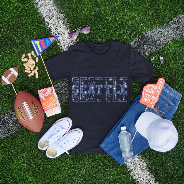 Seattle Rhinestone Football Shirt, Shine Bright and Show Your Team with This Stylish, High-Quality Design, Perfect for Game Days & Tailgates