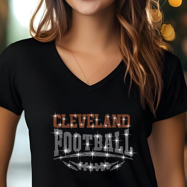 Cleveland Football Rhinestone Shirt – Sparkling Fan Apparel! Stylish T-shirt, Sweatshirt, Hoodie, V-Neck, Perfect for Game Day & Team Pride