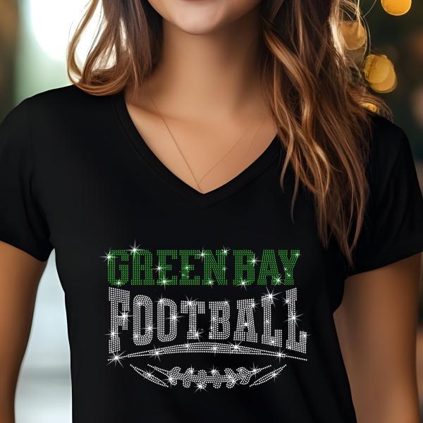 Green Bay Football Rhinestone Shirt – Sparkling Fan Apparel! Stylish T-shirt, Sweatshirt, Hoodie, V-Neck, Perfect for Game Day & Team Pride