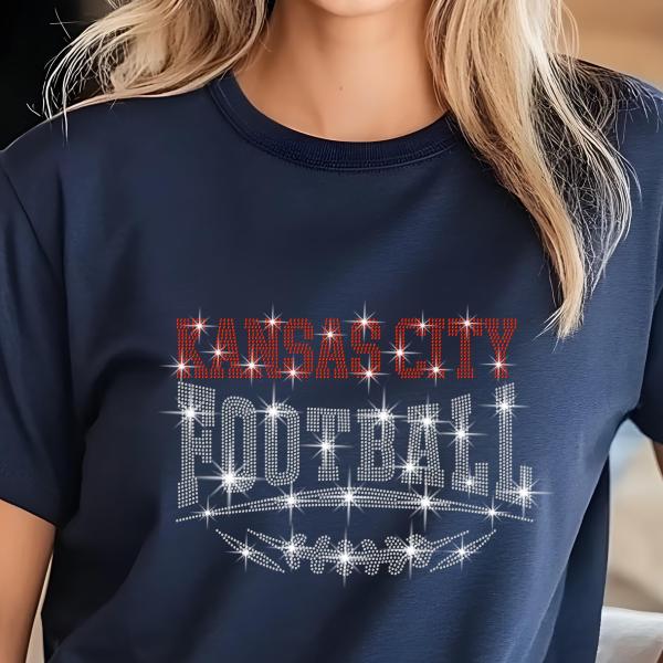 Kansas City Football Rhinestone Shirt – Sparkling Fan Apparel, Stylish T-shirt, Sweatshirt, Hoodie, V-Neck, Perfect for Game Day &Team Pride