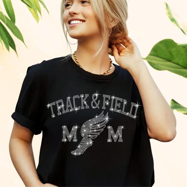 Track and Field Mom Rhinestone T-Shirt, Sports Mom Shirt, Cross Country Mom Shirt, Running Mom Shirt, Running Mom Hoodie, Runner Mom Gift