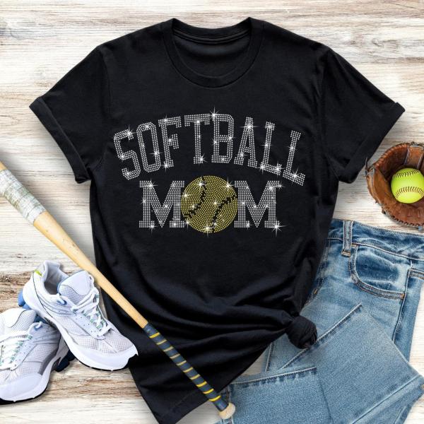 Softball Mom Bling Rhinestone T-Shirt, Seasonal Sports Clothing,  Sports Mama Sweatshirt, Team Spirit Wear, Glitter Matching Ladies Shirt