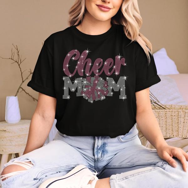 Cheer Mom Rhinestone T-Shirt, Cheerleading Mama  Gift, Women's Sparkle Top, Team Mascot Sweatshirt and Hoodie, Eye-Catching Design Shirt