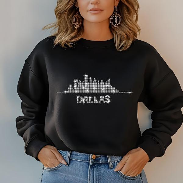 Dallas Skyline Rhinestone Shirt – Stunning City Silhouette Tee with Sparkling Name Design, Football Perfect for Stylish Fans and City Lovers