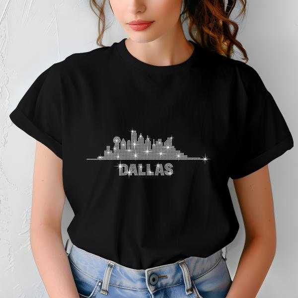 Dallas Skyline Rhinestone Shirt – Stunning City Silhouette Tee with Sparkling Name Design, Football Perfect for Stylish Fans and City Lovers
