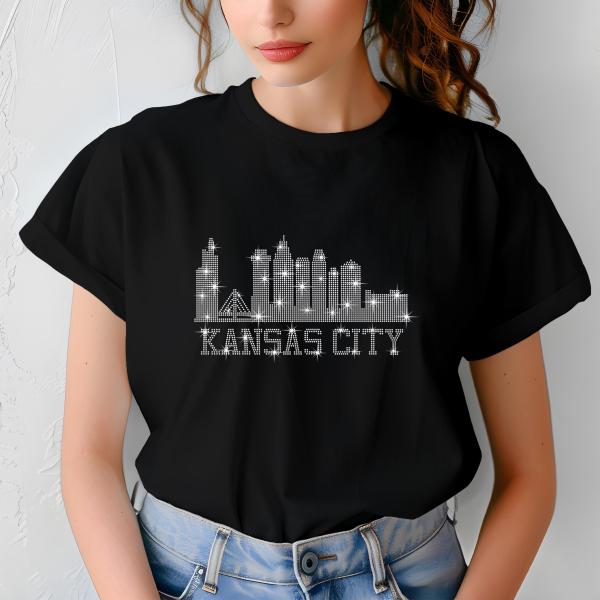 Kansas City Skyline Rhinestone Shirt – Stunning City Silhouette Tee with Sparkling Name Design, Perfect for Stylish Fans and City Lovers