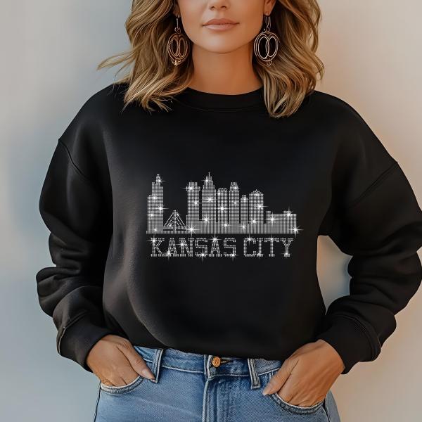 Kansas City Skyline Rhinestone Shirt – Stunning City Silhouette Tee with Sparkling Name Design, Perfect for Stylish Fans and City Lovers