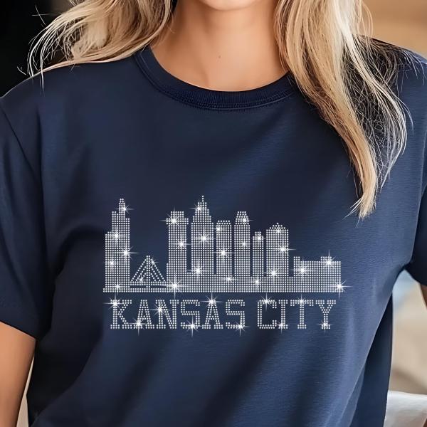 Kansas City Skyline Rhinestone Shirt – Stunning City Silhouette Tee with Sparkling Name Design, Perfect for Stylish Fans and City Lovers