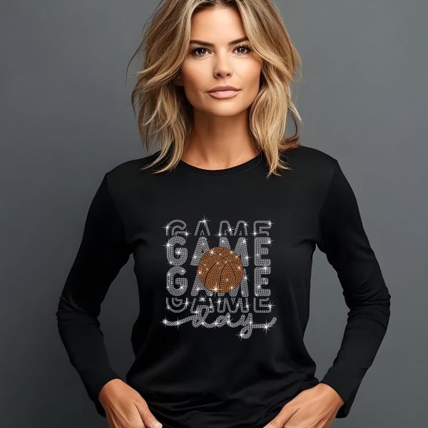 Basketball Game Day Rhinestone T-Shirt – Shine on with Sparkling Court Designs, Perfect for Fans and Hoops Enthusiasts