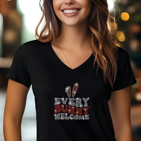 Every Bunny Welcome Rhinestone T-Shirt, Easter Day Sparkling Tee, Gift for Her, Stylish Women’s Rights T-Shirt, Mother Gift, Easter Day Gift