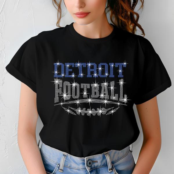 Detroit Football Rhinestone Shirt – Sparkling Fan Apparel! Stylish T-shirt, Sweatshirt, Hoodie, V-Neck, Perfect for Game Day & Team Pride