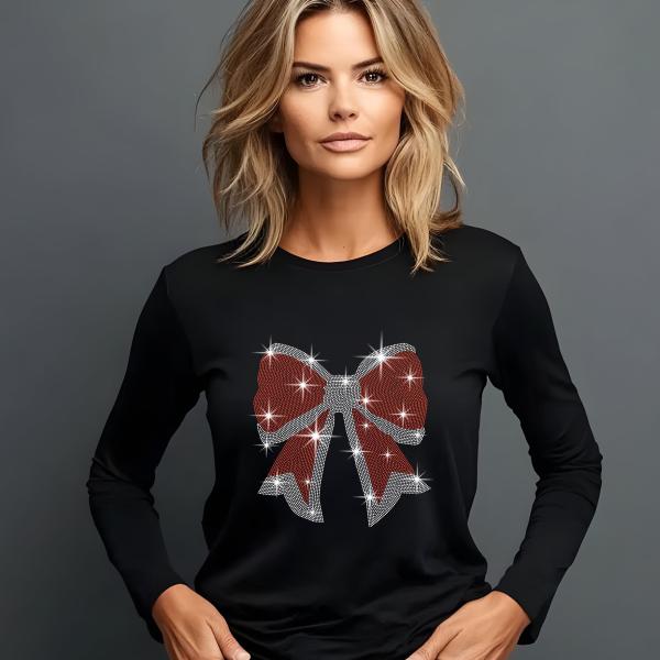 Christmas Bow Rhinestone Sweater, Cheering Party Shirt, Holiday Sweater, Xmas Gift, Merry Sweatshirt, New Year Tee, T-shirts Gift for Her