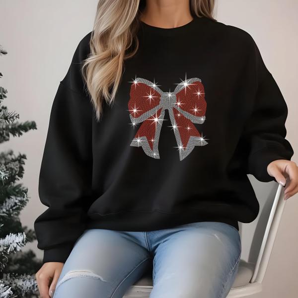 Christmas Bow Rhinestone Sweater, Cheering Party Shirt, Holiday Sweater, Xmas Gift, Merry Sweatshirt, New Year Tee, T-shirts Gift for Her
