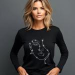 Minimalist Rhinestone Line Art Face Design - Women’s V-Neck T-Shirt, Sweater, Hoodie - Elegant Sparkle Top for Stylish Wear, Gift for Her