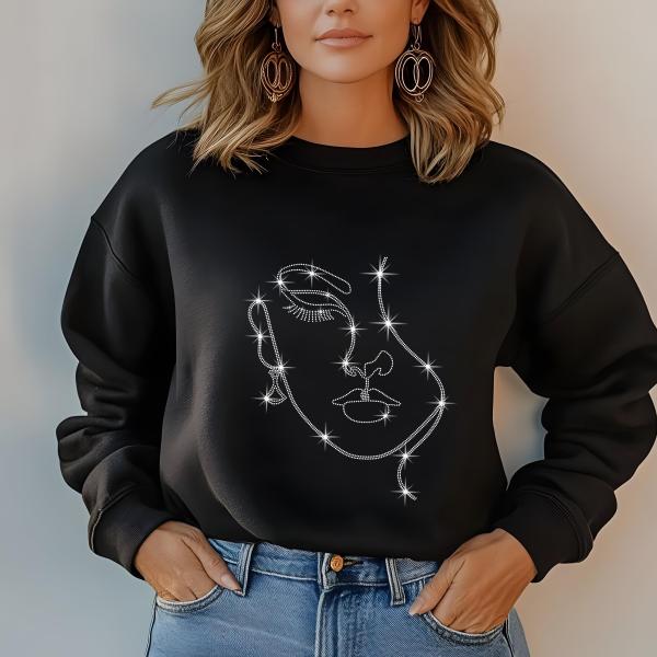 Minimalist Rhinestone Line Art Face Design - Women’s V-Neck T-Shirt, Sweater, Hoodie - Elegant Sparkle Top for Stylish Wear, Gift for Her