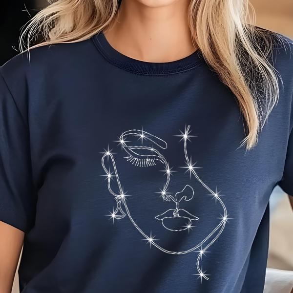 Minimalist Rhinestone Line Art Face Design - Women’s V-Neck T-Shirt, Sweater, Hoodie - Elegant Sparkle Top for Stylish Wear, Gift for Her