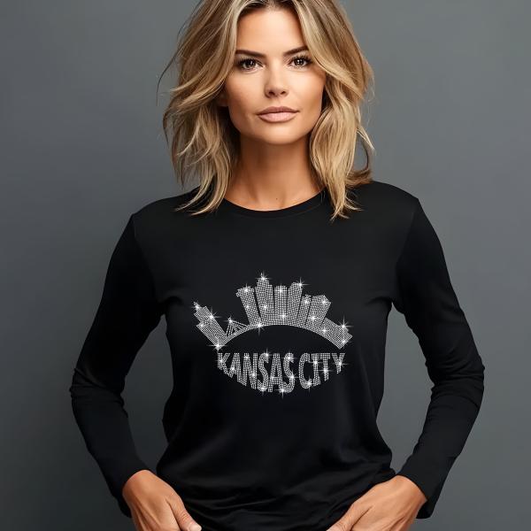 Kansas City Skyline Rhinestone Retro T-Shirt – Football City Silhouette Tee with Sparkling Name Design, Perfect Gift for Her, Gift for Mom