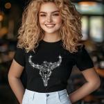 Western Rhinestone Longhorn T-Shirt, Cow Skull Boho Chic Design, Sparkling Bull Skull Top, Women’s Black Casual Tee, Country Concert Outfit