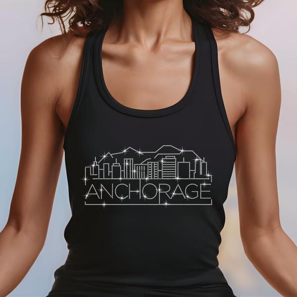 Anchorage Rhinestone T-Shirt, Sparkling City Skyline Tee, Women Casual Top, Glitter Alaska Pride Shirt, Travel Gift, Cityscape Design Outfit