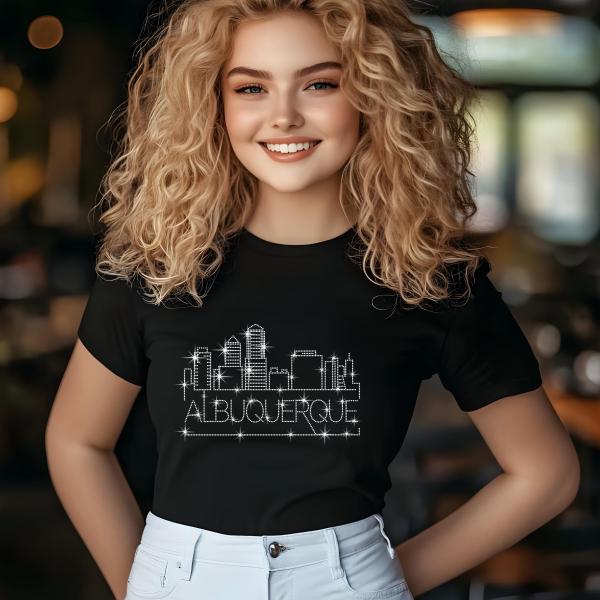 Albuquerque Rhinestone T-Shirt, Sparkling City Skyline Design, Women Casual Tee, Glitter Cityscape Top, New Mexico Pride Shirt, Travel Gift