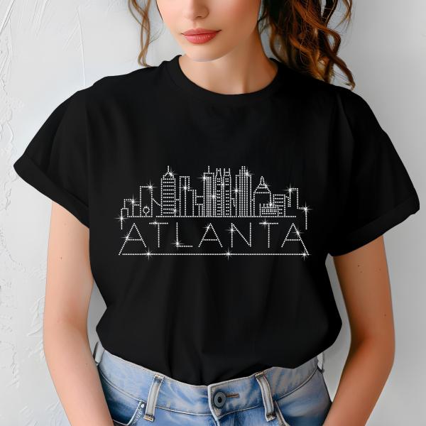 Atlanta Rhinestone T-Shirt, Sparkling City Skyline Tee, Women Casual Top, Glitter Georgia Pride Shirt, Travel Gift, Cityscape Design Outfit