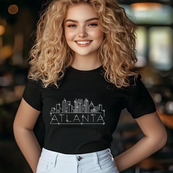 Atlanta Rhinestone T-Shirt, Sparkling City Skyline Tee, Women Casual Top, Glitter Georgia Pride Shirt, Travel Gift, Cityscape Design Outfit