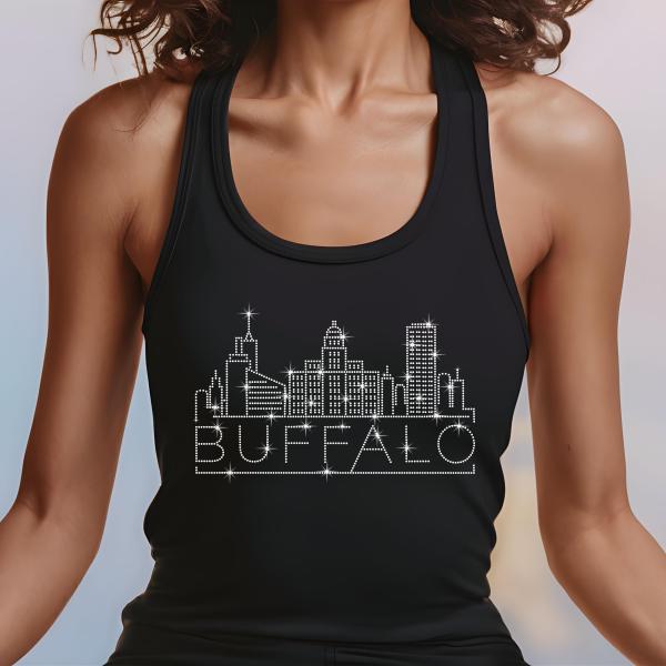 Buffalo Rhinestone T-Shirt, Sparkling City Skyline Tee, Women’s Casual Top, Glitter Buffalo Design, New York Pride Shirt, Unique Travel Gift