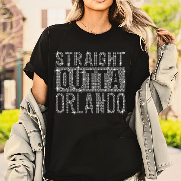 Straight Outta Orlando Rhinestone T-Shirt, Orlando Trip Shirt, City Souvenir Tee-Shirt Gift, Unisex Cotton Sweatshirt for Casual Wear