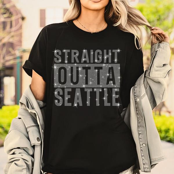 Straight Outta Seattle Rhinestone T-Shirt, Cute Souvenir Shirt, Premium Unisex Sweatshirt, Unique Travel Gift Tee-Shirt for Travelers